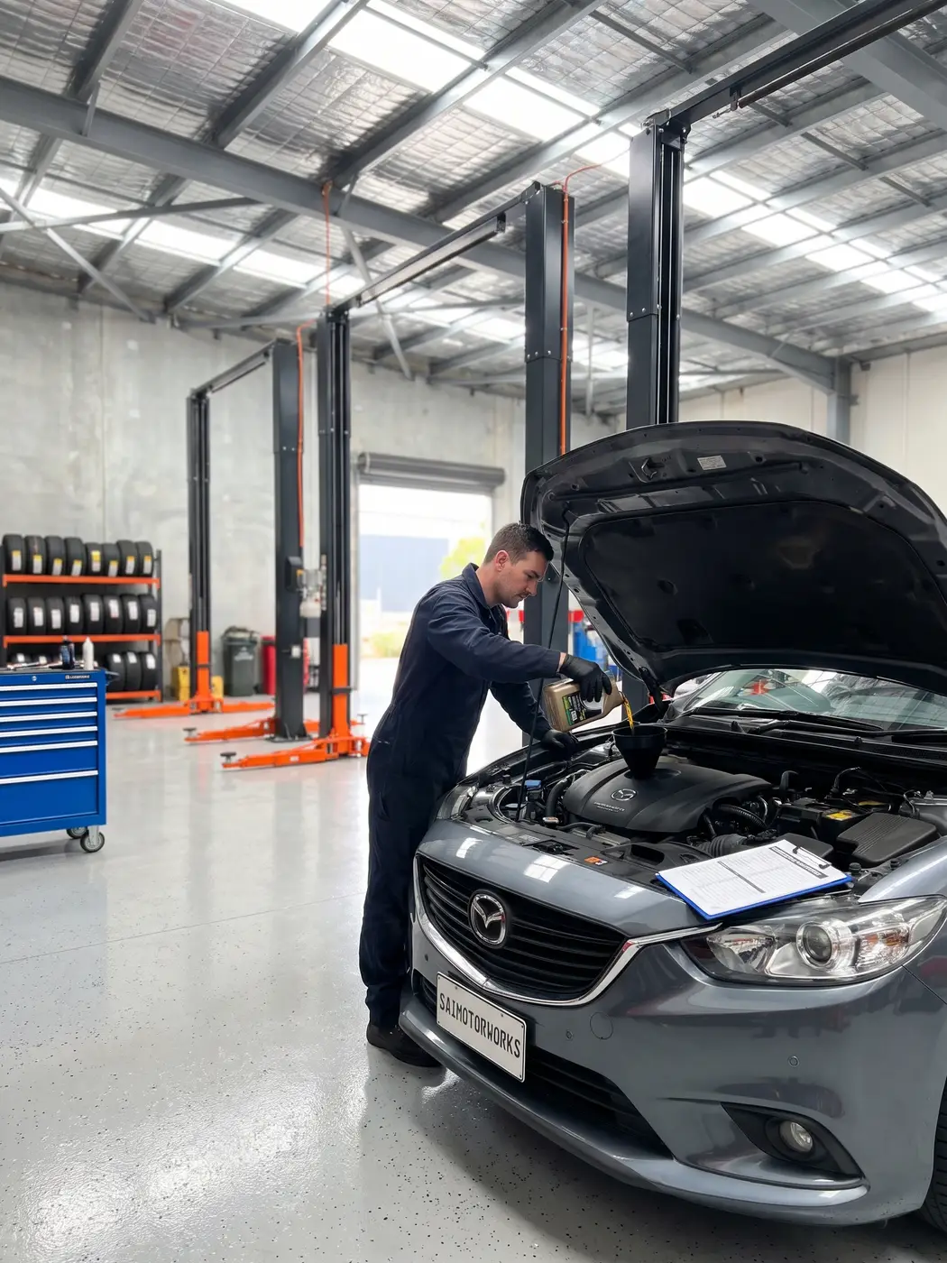 Mechanic servicing a Mazda with the bonnet up in the SAI Motor Works workshop