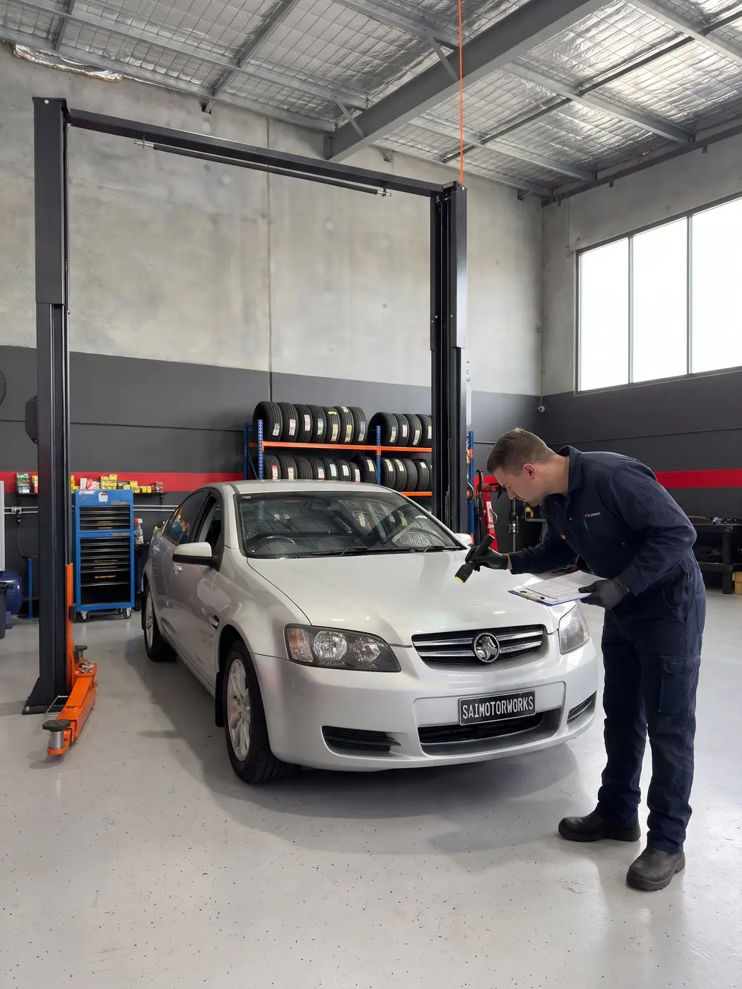 Mechanic carrying out a pink slip inspection on a sedan