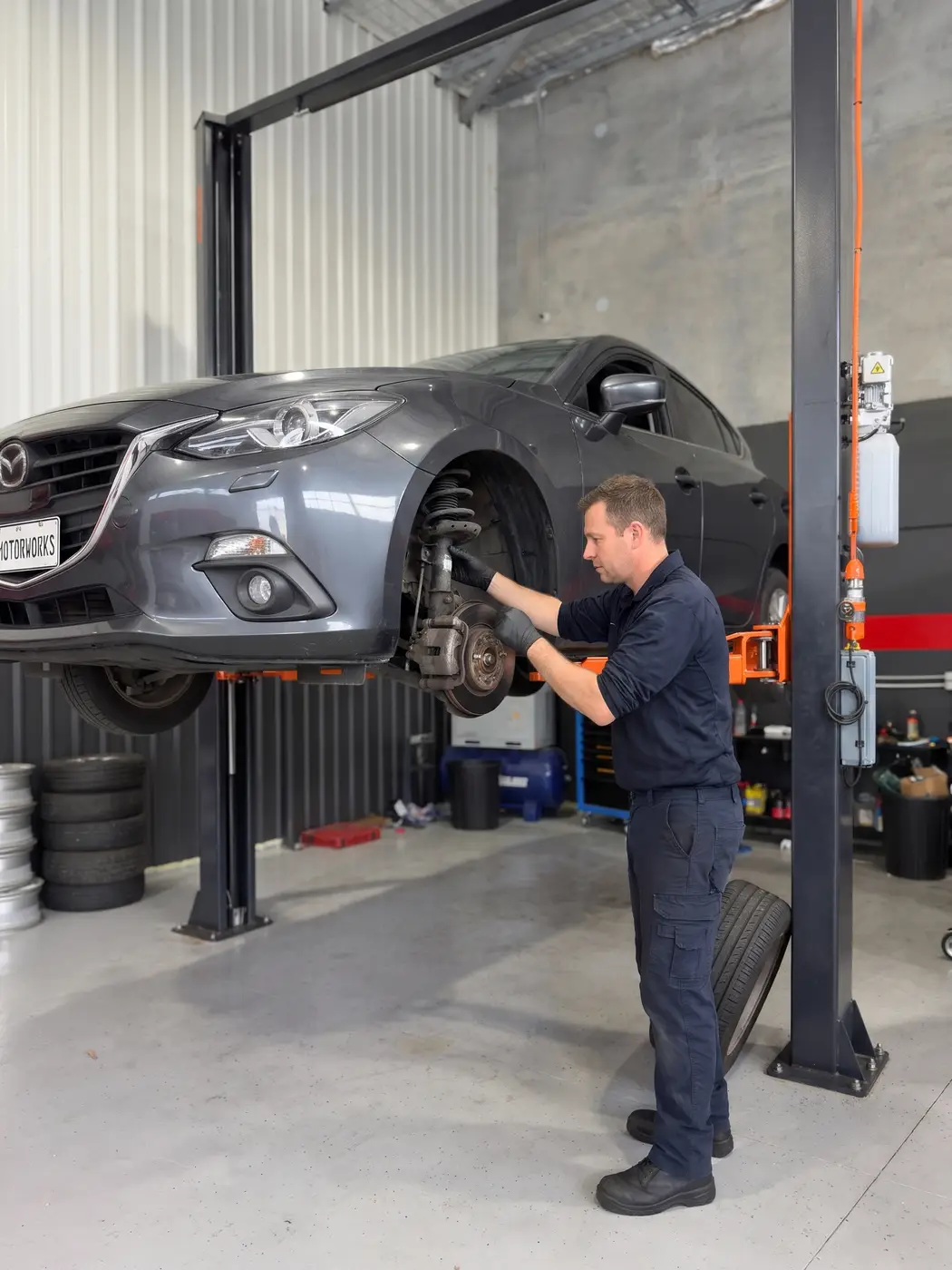 Mechanic inspecting the front suspension of a car on a hoist